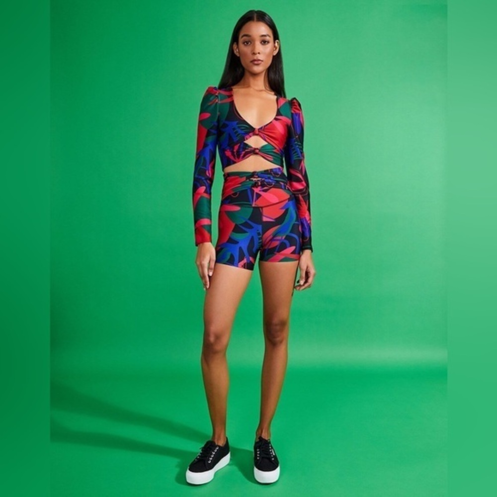 PatBO Multicolor Abstract Cutout Long-Sleeve Crop Top